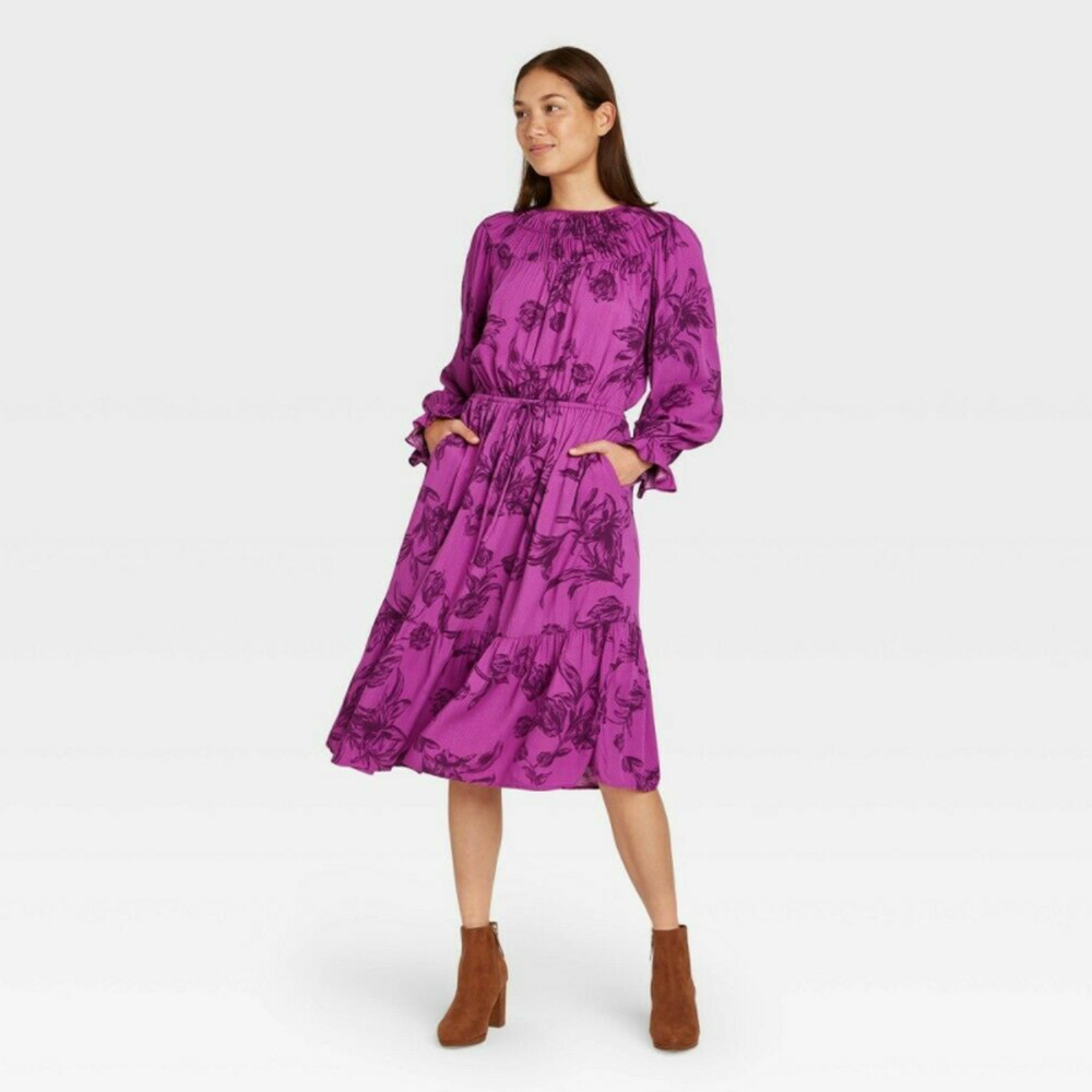 Women's Floral Print Long Sleeve Dress - A New Day; Purple Size - XS - NWT